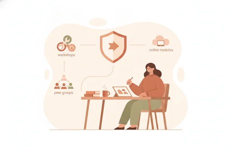 Teacher at a desk with icons representing workshops, peer groups, and online learning paths
