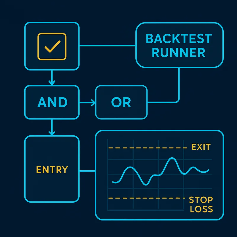 Illustration of the flow to build and backtest strategy rules in a visual environment