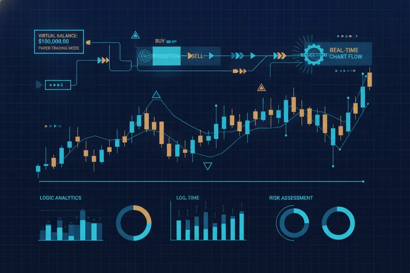 Simulated paper trading on a live chart with virtual orders and virtual funds