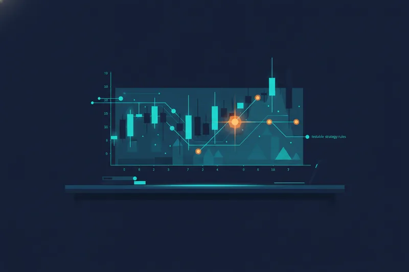 A banner illustrating an image of information reflected in market prices and a flow of rules to test it