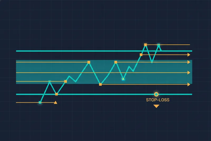 Panoramic scene of a grid strategy with price oscillating and orders activating within the range.