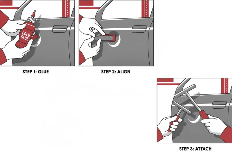 Technician applies cold glue to a tab and sets up a slide hammer pull