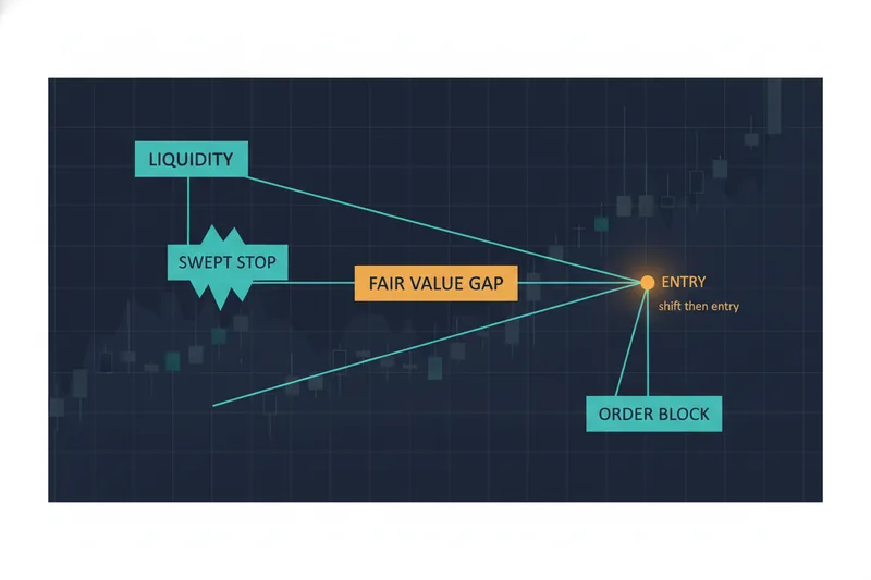 Illustrated chart showing liquidity sweep, structure shift, and entry zones in an ICT-style sequence.