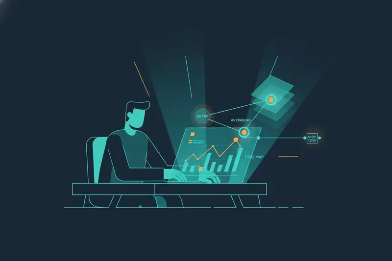 Illustration of a trader viewing a chart with a connected deal map for automated strategy rules