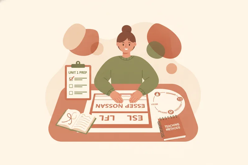 Illustration of an ESL teacher reviewing a lesson plan and certification checklist