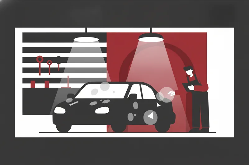 Workshop scene showing a car with hail dents under inspection lights