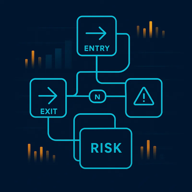 Illustration of a no-code visual builder with connected logic and triggers