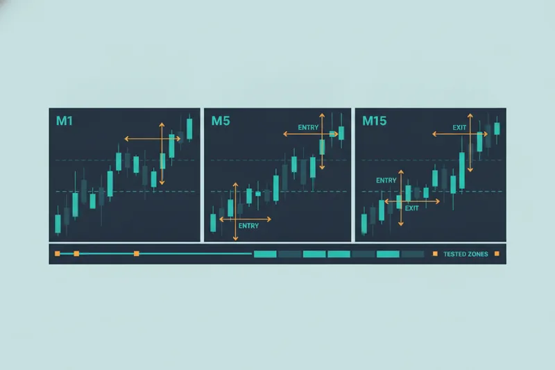 Panoramic view of a chart with trigger zones for a scalping strategy and its backtest.