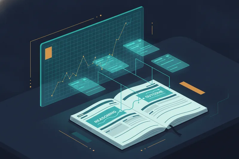Illustration of a trading journal concept with chart data and connected trade reasoning