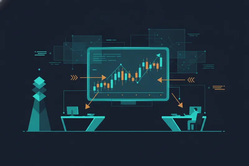 Illustration of a futures chart connected to execution and market data infrastructure