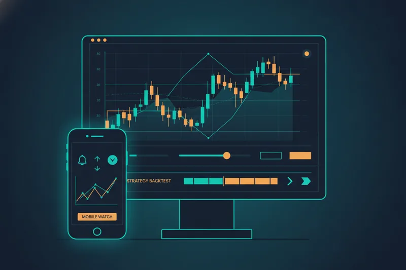 Illustration of mobile monitoring in front of strategy building on desktop