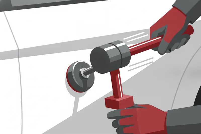 Technician aligns a slide hammer to a cold-glue tab on a dent