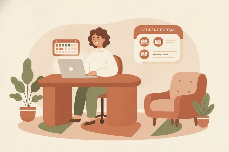 Illustration of a tutor reviewing an online tutoring schedule and student materials in a calm workspace.