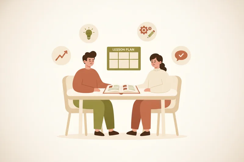 Teacher and student in a calm workspace with visual cues for objectives, practice, and feedback