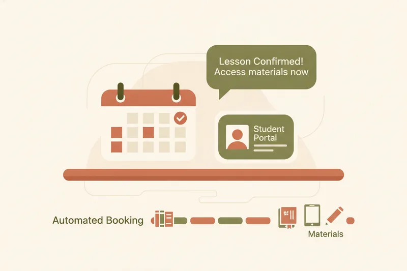 Wide illustration of automated lesson booking connecting calendar, student portal, and Telegram requests.