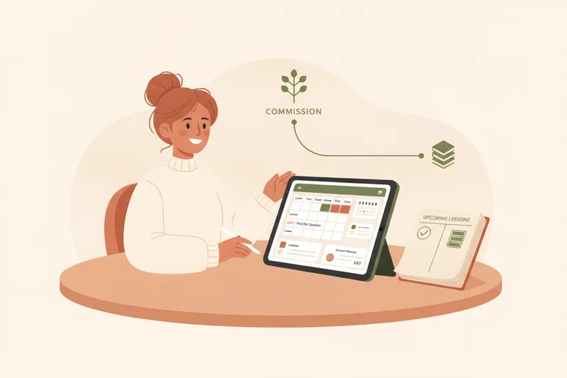 Illustration of a tutor managing lessons, balances, and a ledger-only payment record in a calm workspace.