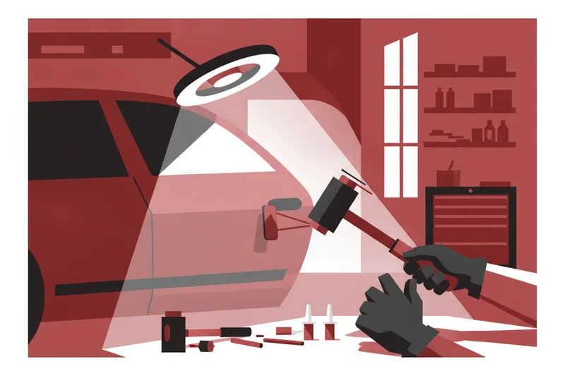 Technician performing a slide hammer dent pull on a car panel under PDR lighting