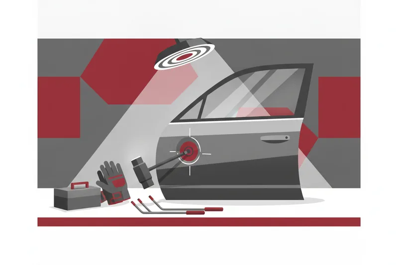 Slide hammer pulling a dent using a glue tab on a car door panel