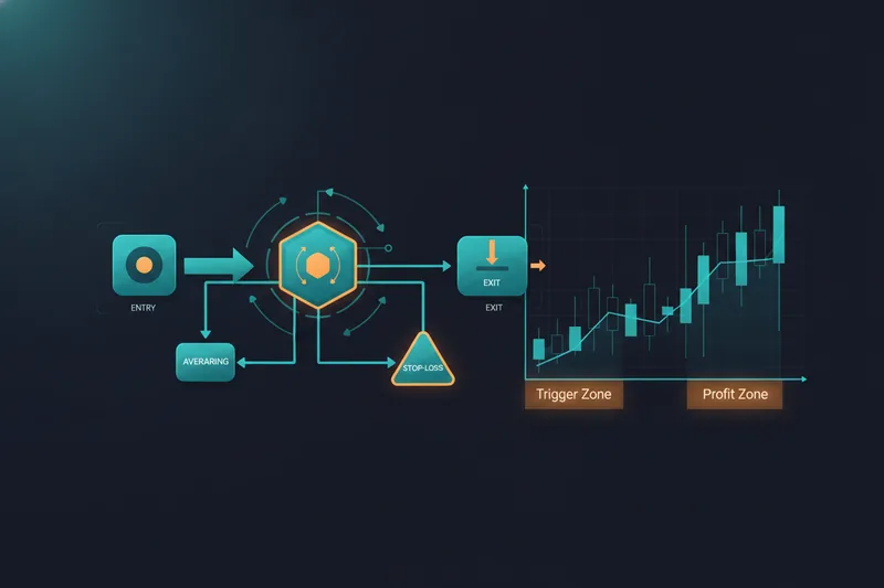 Illustration of a deal map flow with entry, averages, exit, and stop-loss over a chart