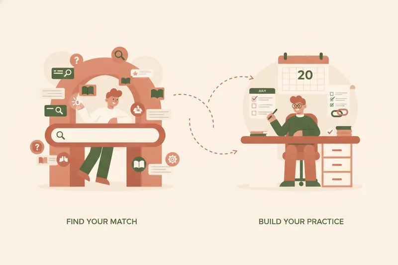 Ilustración que compara encontrar un tutor y gestionar la práctica