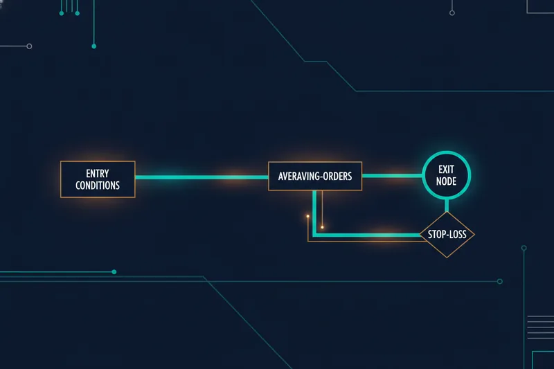 Strategy map with nodes for entries, averaging, exits, and stop loss