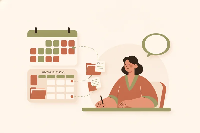 Teacher organizing lessons with a connected calendar, ledger, and linked materials.