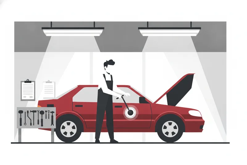 PDR shop scene showing a dent repair setup and an estimate workflow